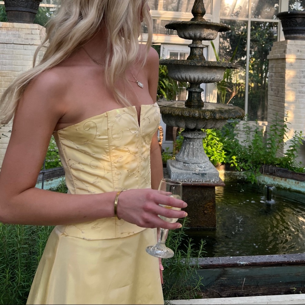 Yellow corset embroidered prom dress